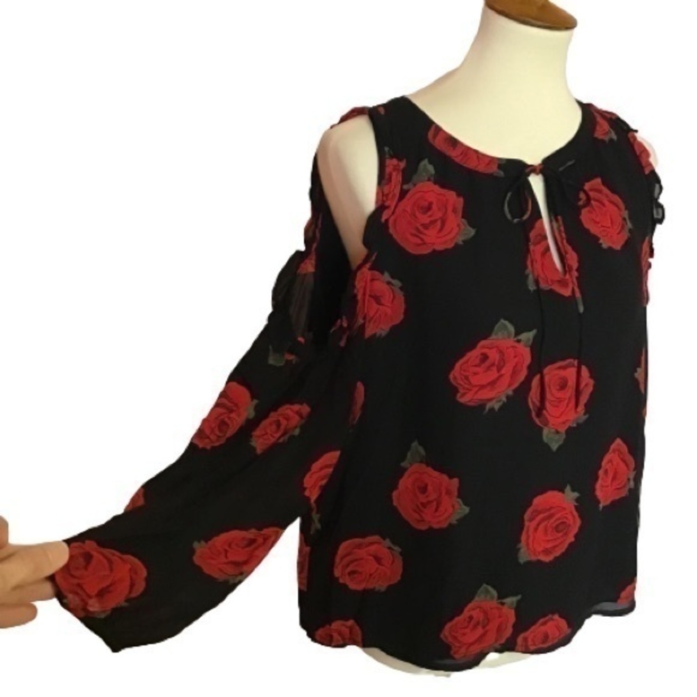 Anthropologie Black Blouse with Red Rose Print and Cold-Shoulder Ties
